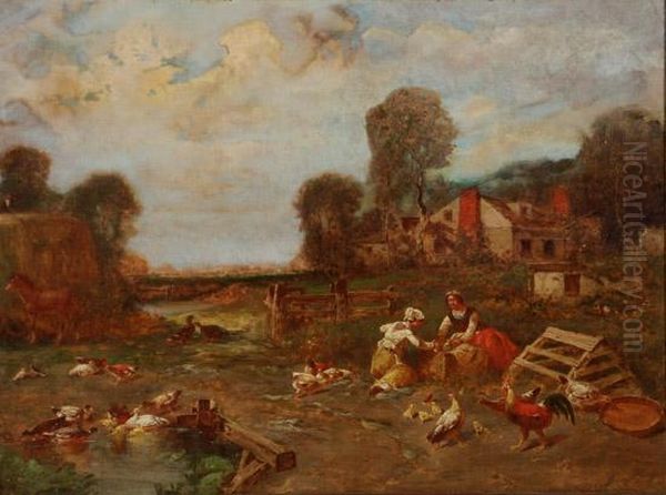 Farmscene With Figures And Animals Oil Painting by George Washington Nicholson