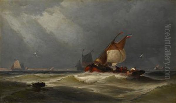 Fishing Boats In Stormy Water Oil Painting by George Washington Nicholson