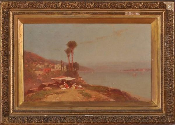 Mediterranean Harbor View With Picknickers Oil Painting by George Washington Nicholson