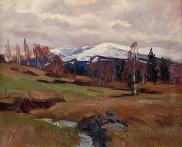 Fruhlingslandschaft Mit Schneebedeckten Bergen Oil Painting by Alfred Nickisch