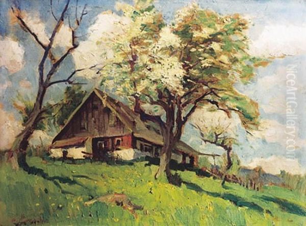 Pejzaz Z Zagroda Wsrod Drzew Oil Painting by Alfred Nickisch