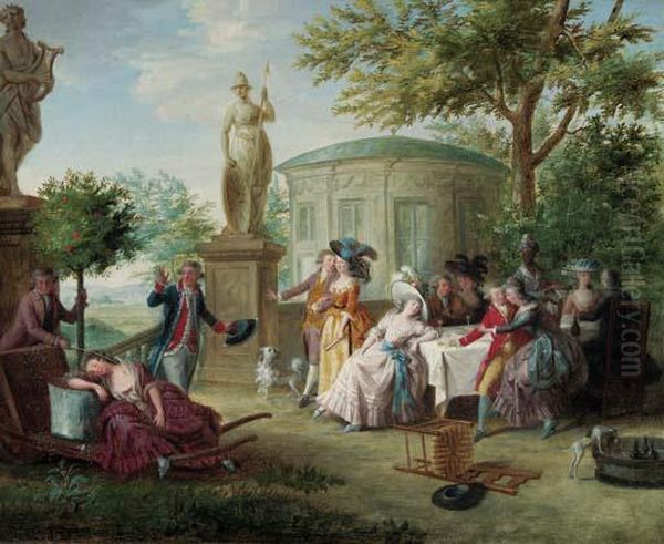 Elegant Company Dining In An Ornamental Garden, A Rotunda And Alandscape Beyond Oil Painting by Niclas II Lafrensen