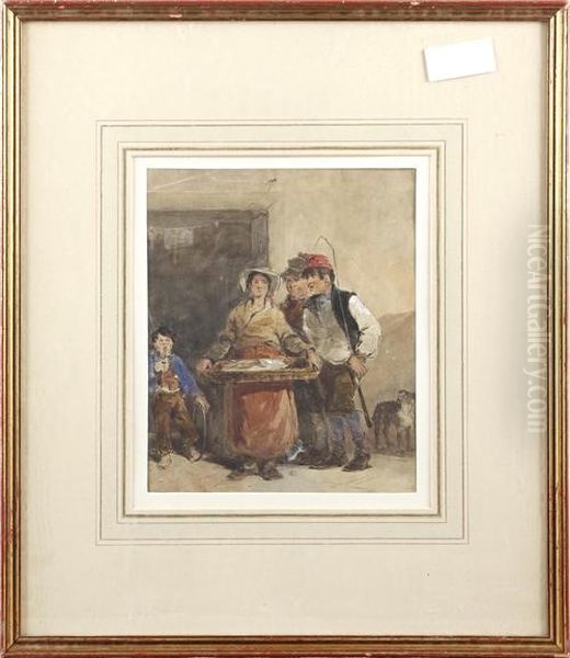 Figures In A Street Oil Painting by Erskine Nicol