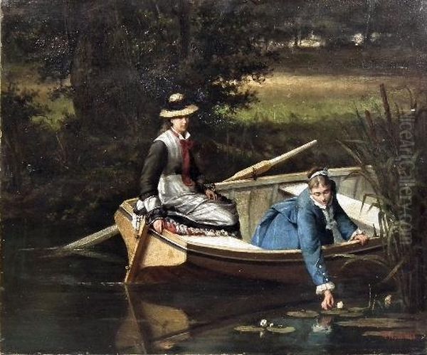 Two Girls In A Boat Picking Water Lilies Oil Painting by Erskine Nicol