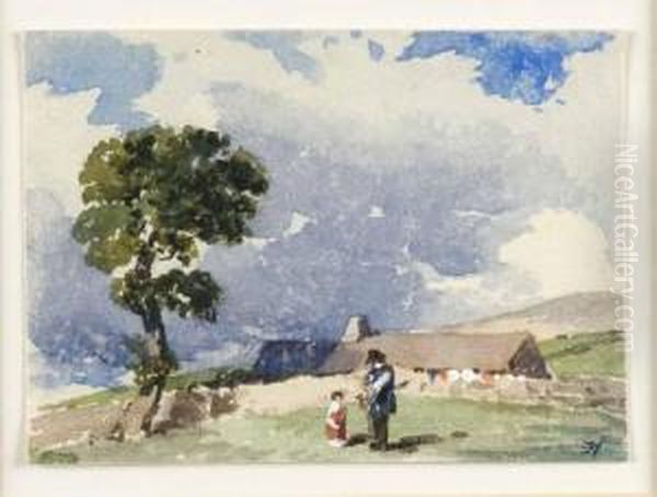 Figures By A Farmhouse Oil Painting by Erskine E. Nicol