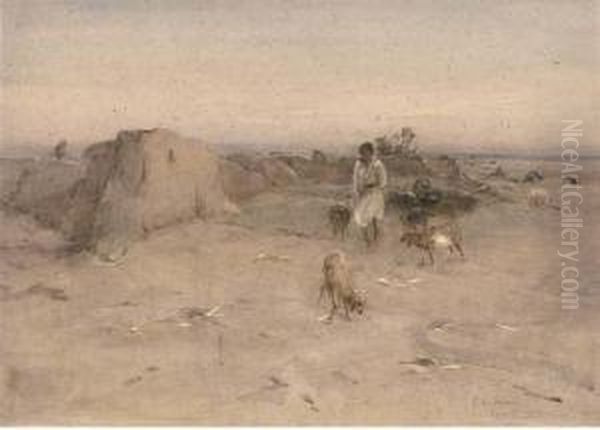 An Egyptian Goatherder Oil Painting by Erskine E. Nicol