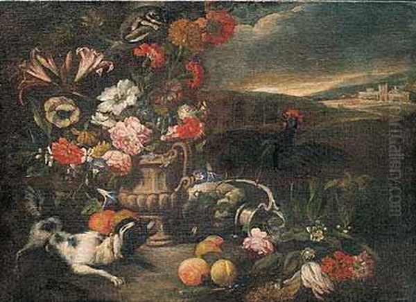 Bodegon De Flores Y Frutas Con Un Perro, Un Huron Y Un Gallo En Un Paisaje Oil Painting by Nicola Cassisa