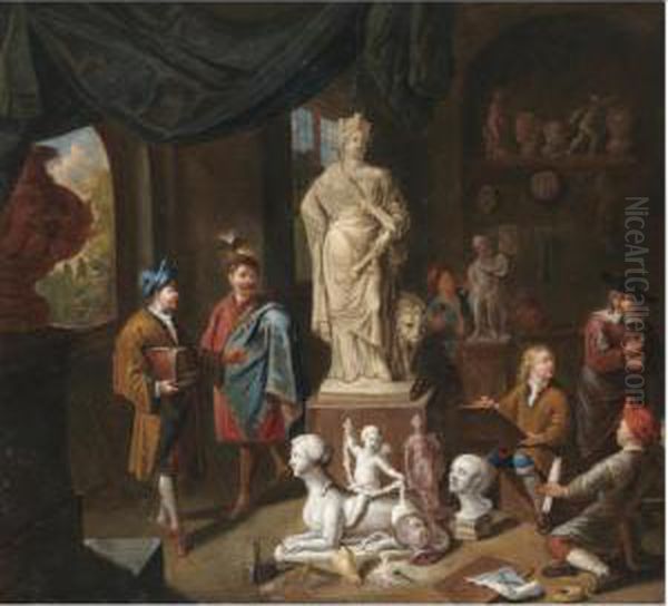 A Patron Surveying A Sculptor's Studio Oil Painting by Nicolaes Van Den Bosch