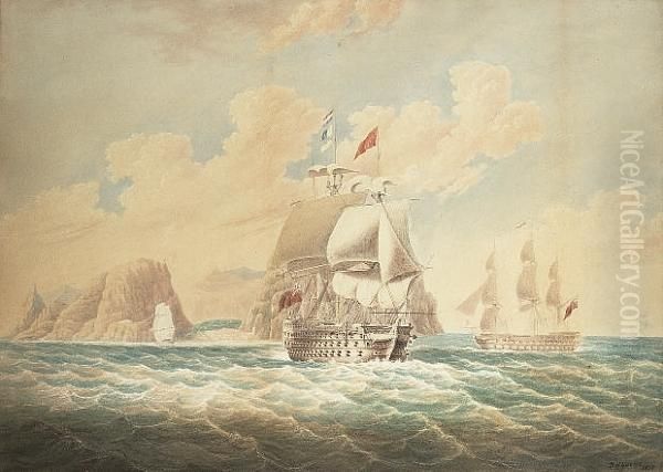 A Royal Navy Three Decker Leaving Jamestown, St Helena by John Harris Nicolas