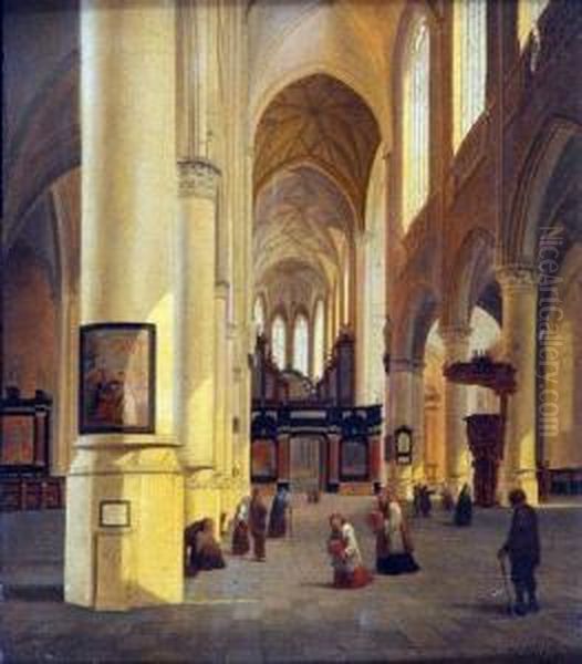 Church Interior With Figures Oil Painting by Josephus Christianus Nicolie