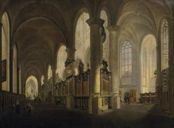 Indoor Scene At The Church With Figural Staffage. Signed And Dated Lower Left: ...nicolie 1816 Oil Painting by Josephus Christianus Nicolie