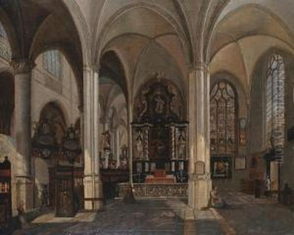 The Interior Of St. Jacobs, Antwerp. Oil Painting by Josephus Christianus Nicolie