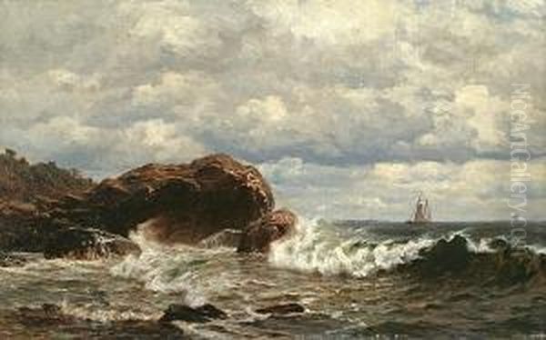 Rocky Coastal Landscape With A Ship In The Distance Oil Painting by James Craig Nicoll