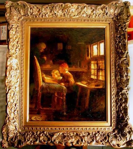 Zwei Kinder Lesen In Der Stube Oil Painting by August Heinrich Niedmann