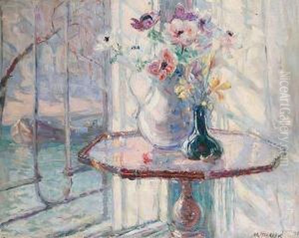 Vase Of Flowers On A Table Oil Painting by Maurits Niekerk