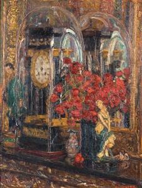 Nature Morte Aux Fleurs Et A Lapendule Oil Painting by Maurits Niekerk