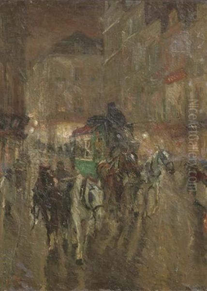 City Lights: An Omnibus In A Busy Street Oil Painting by Maurits Niekerk