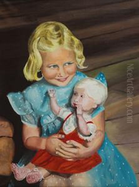 Girl With Wooden Doll Oil Painting by Christian V. Nielsen