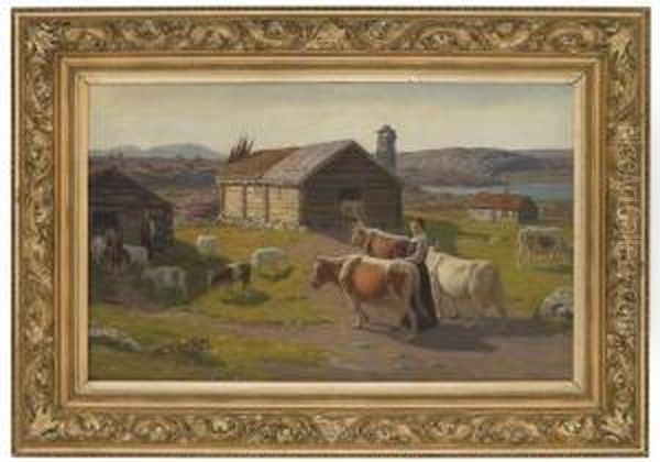 Budeie Med Kyr Vedseter Oil Painting by Eivind Nielsen