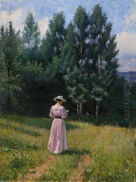 Reading Woman In A Summer Landscape Oil Painting by Eivind Nielsen