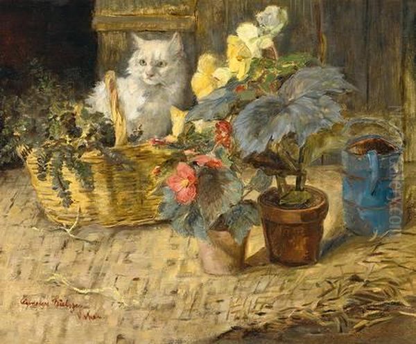 Weise Perserkatze Mitbegonienbluten Und Korb Oil Painting by Clementine/clemence Nielssen