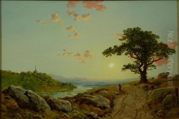 Figure On A Path With An Abbey Beyond Oil Painting by Edmund John Niemann, Snr.