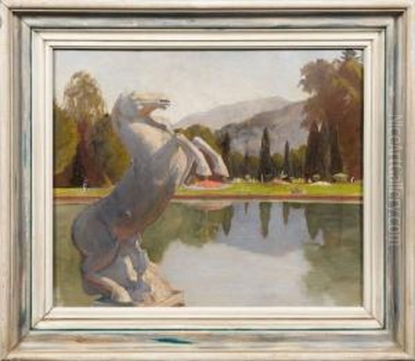 Oberbayerischeparklandschaft Mit Pferdeskulptur Am See Oil Painting by Gottfried Niemann