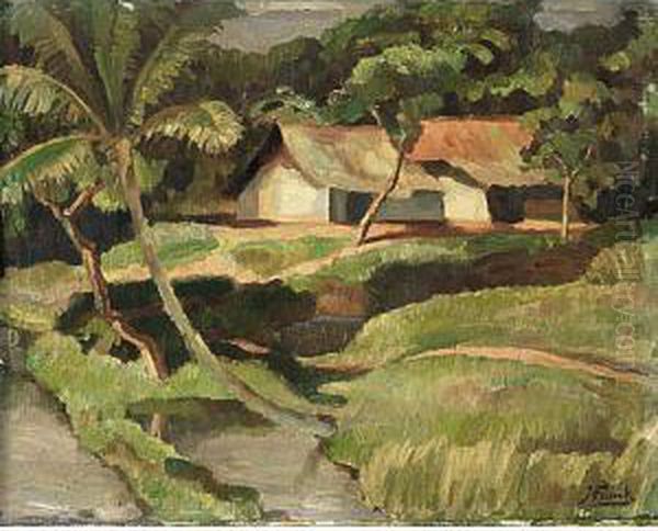 Two Houses In An Indonesian Landscape Oil Painting by Jan Frank Niemantsverdriet