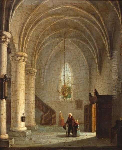 Man Met Kind In Kerkbinnenste Oil Painting by Adrianus Wilhelmus Nieuwenhuyzen