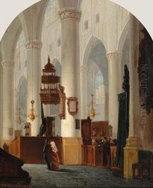 Church Interior Oil Painting by Adrianus Wilhelmus Nieuwenhuyzen