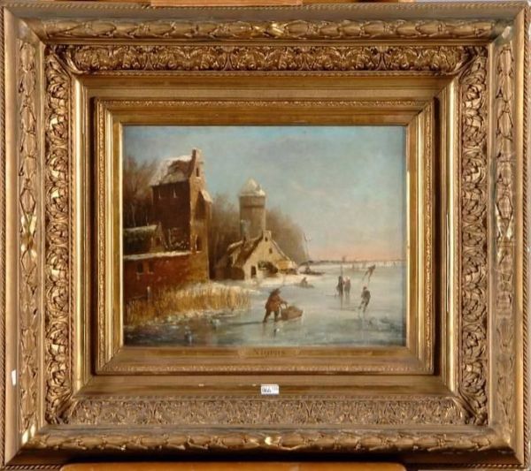 Paysage Hivernal Aux Patineurs Oil Painting by A. Nigens