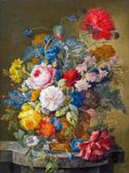 Blumenstillleben Mit Rosen Und Mohnblumen Oil Painting by Joseph Nigg