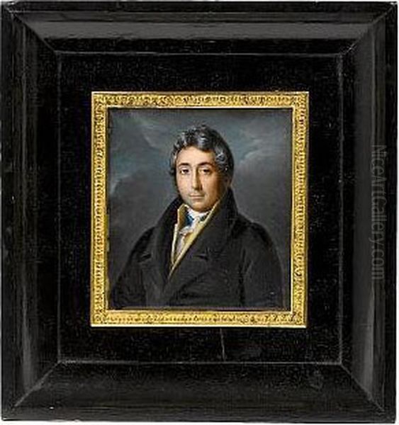 A Gentleman, Wearing Black Coat, Light Yellow Waistcoat And Blue Cravat Oil Painting by Alexander Nikolaevich Sprevitch