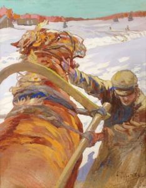 Ryssland. Arbetarhast I Snolandskap Oil Painting by Nikolai Vasilevich Pirogov