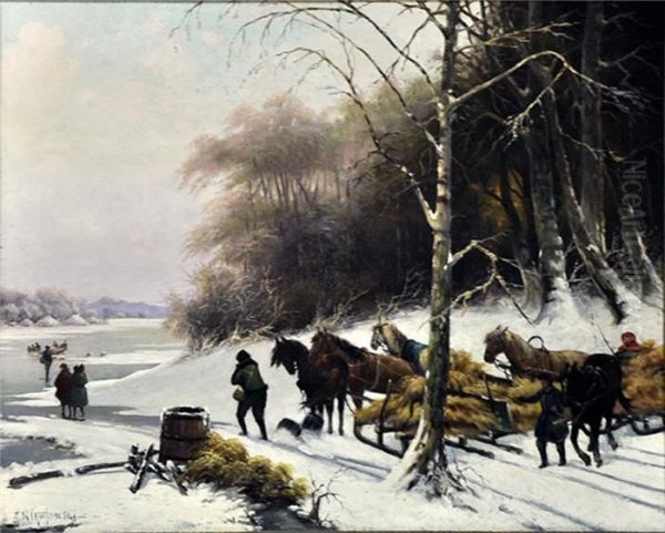 Heufuhren Im Winterwald Oil Painting by Erich Nikutowski