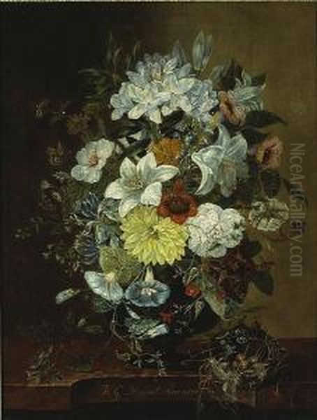 A Still Life Of Flowers In A Vase With A Bird's Nest On A Ledge by Henriette Georgette Nilant Bannier