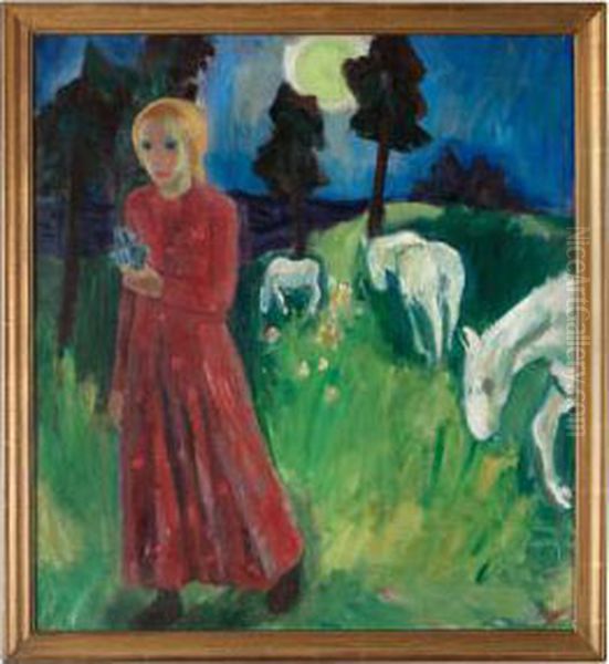 Flicka Pa Ang Med Vita Hastar Oil Painting by Nils Nilsson