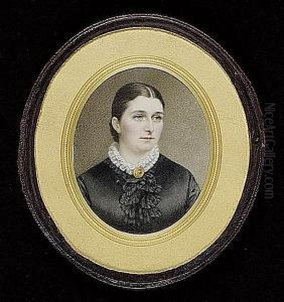 A Lady Wearing A Black Dress With Ruffled Front Panel, White Ruff Collar Fastened With A Gold Brooch, Her Dark Hair Worn In A Bun Oil Painting by John Jules Nimmo