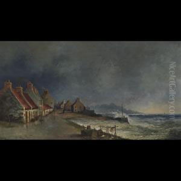 Figures On A Coastal Village Oil Painting by Herkis Hume Nisbet