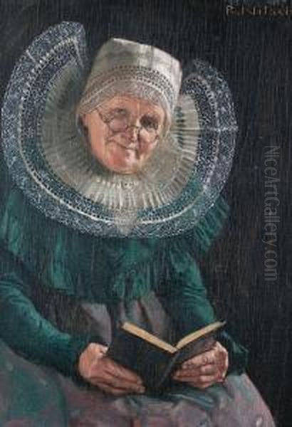 Portrait Of An Elderly Lady, Seated, With Alarge White Lace Collar Holding A Book Oil Painting by Richard Nitsch