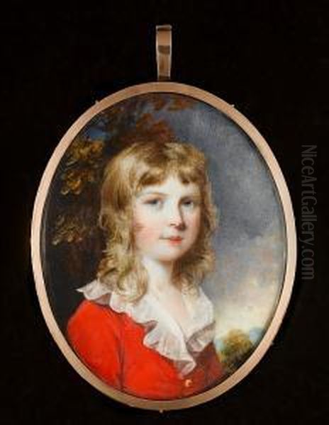 A Boy, Wearing Scarlet Coat With Gold Buttons And Frilled White Collar, Landscape And Foliage Background Oil Painting by James Nixon