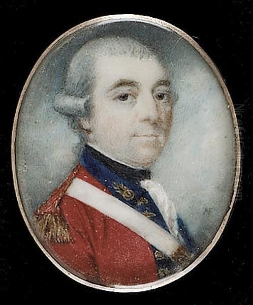 An Officer, Possibly Of The 1st Foot, His Scarlet Coat With Dark Blue Collar And Narrow Lapels Decorated With Fancy Embroidered Button Holes, His Shoulder Belt With A Rectangular Gilt Plate Oil Painting by James Nixon