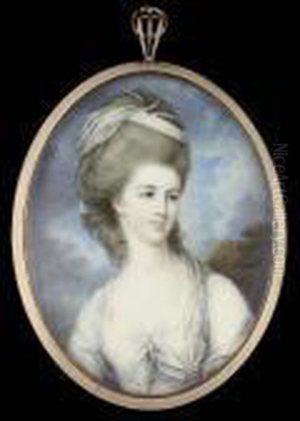 A Lady, Wearing White Robes, With Pale Pink Underdress, A Pale Blue Veil Draped From Her Powdered Hair And Through A Pearl Loop On Her Dress, Her Hair Adorned With Further Pearls, Wooded Landscape Background Oil Painting by James Nixon