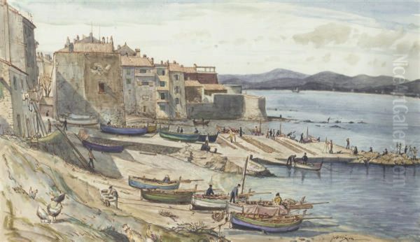 A Busy Day On The Waterfront, San Tropez Oil Painting by Job Nixon