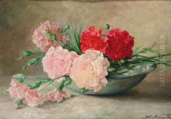 Carnations In A Bowl; And Pansies In A Bowl Oil Painting by Helene Noack