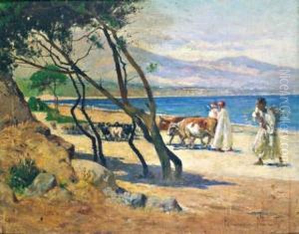 Bergers Et Troupeaux Sur Un Bord De Mer Oil Painting by Francisque Noailly