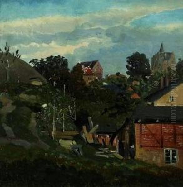 Dorfansicht Mit Wehrkirche Oil Painting by Jacob Nobbe