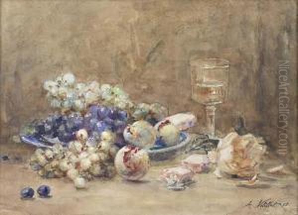 Natureza Morta Com Frutos, Flores E Copo Oil Painting by Auguste Michel Nobillet