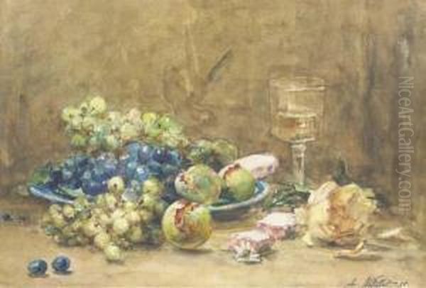 Still Life With Fruits, Flowers And A Goblet Oil Painting by Auguste Michel Nobillet