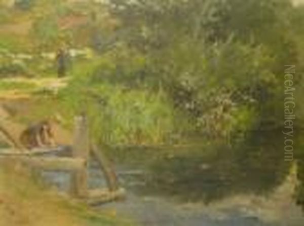 Lavandieres Au Bord De La Riviere Oil Painting by Auguste Michel Nobillet